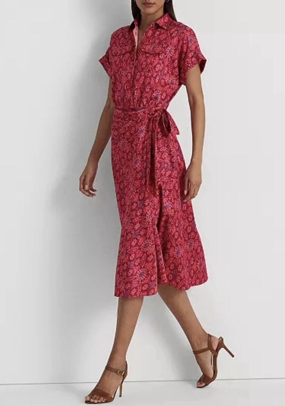 Lauren Ralph Lauren Dress Womens 4 Midi Fuchsia Geo-Print Shantung Tie-Waist